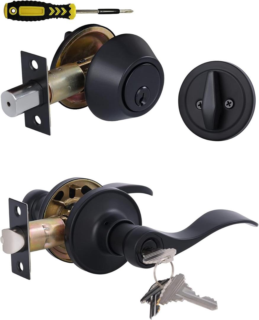 Lanwandeng Keyed Alike Front Door Lever Lockset with Single Cylinder Deadbolt Combination Set, All Keyed Same Exterior Door Handle with Lock and Deadbolt, Matte Finished