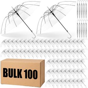 Reginary 100 Pack Clear Wedding Umbrellas Bulk Transparent Auto Open Stick Windproof Waterproof Large Canopy Umbrella with White European J Hook Handle for Wedding Bride Groom Photography Golf