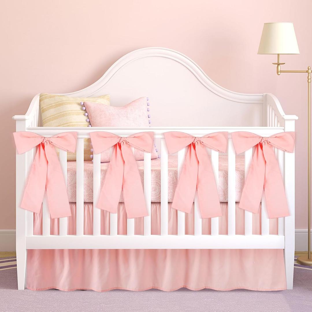 Pink Crib Bed Skirts with 4 Large Cot Bow 28" x 52" Baby Crib Skirt for Boys Girls Nursery Toddler Bedskirt Dust Ruffle 14" Drop, Pink, Double Layer