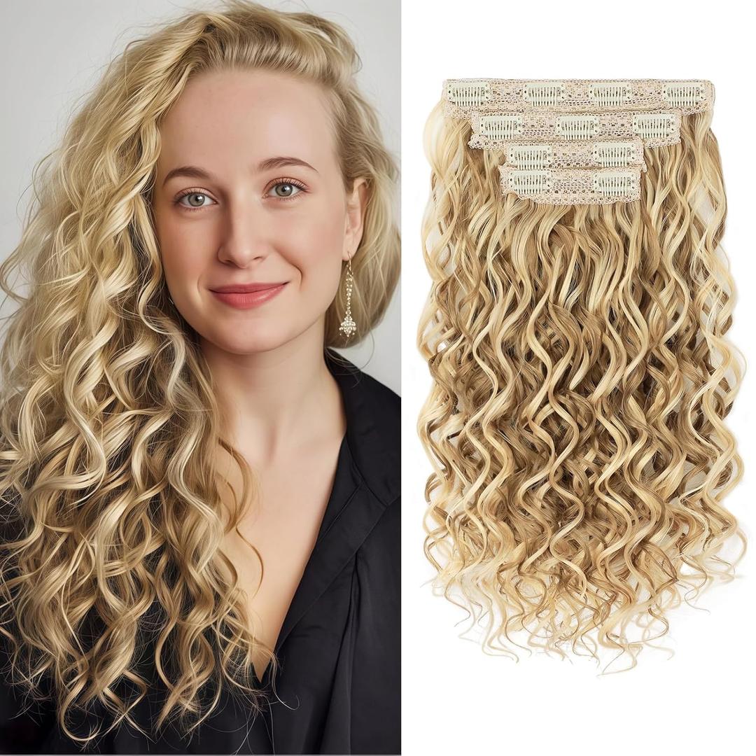 Curly Clip In Hair Extensions, 4PCS 16 Inch Dark Blonde with Highlights Extensions Clip Ins, Lace Weft Short Curly Invisible Natural Hairpieces for Women