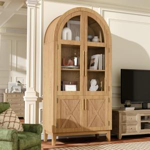 74" Tall Arched Display Cabinet with Glass Door, 5-Tier Arched Cabinet with Storage Door for Living Room, Dining Room & Kitchen, Oak