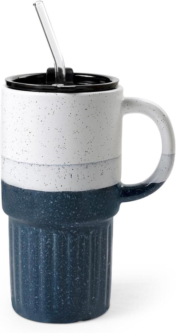 Ceramic Car Cup with Handle and Straw, 20oz Travel Mug with Lid, Large Portable Coffee Tumbler for Hot & Cold Beverages  Modern Tri-Color Design (Blue)