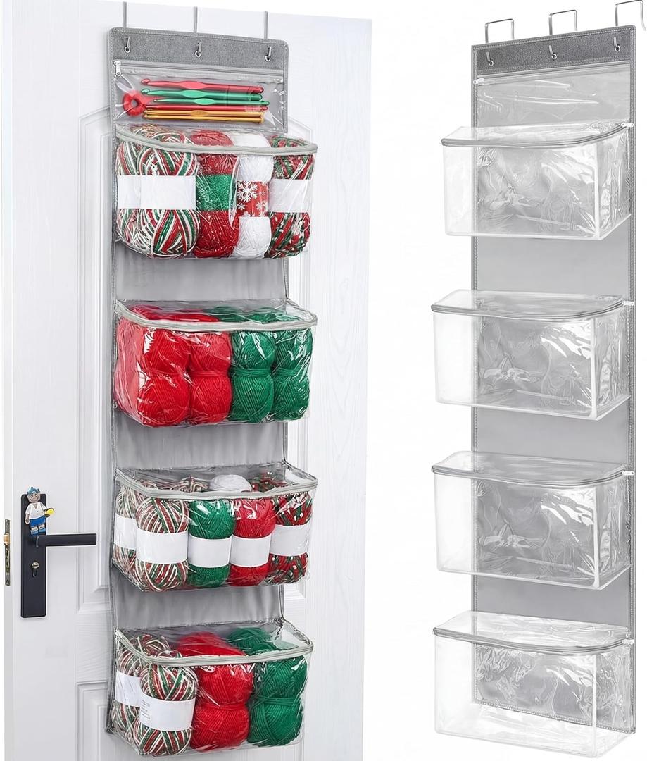 Teenyyou Hanging Yarn Storage Organizer Large Capacity Knitting Organizer with 5 Zipper Closure Compartments Over Door Knitting Storage Holder Clear Holder for Crochet Hooks Yarn Balls