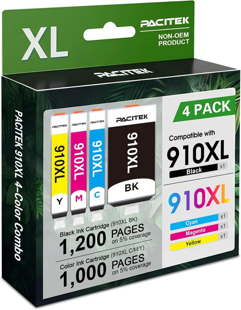 Replacement for HP 910XL Ink Cartridges High Yield 4-Pack (Black Cyan Magenta Yellow) Compatible with HP 910 XL OfficeJet Pro 8020 8025 8028 8035 OfficeJet 8010 8015 8018 8022 Printers