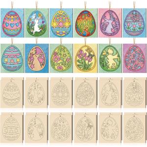 Thyle 24 Pcs Large Easter Wooden Ornamnrts to Paint 6 Inch DIY Blank Unfinished Wood Egg Cutouts for Crafts Hanging Decorations Happy Easter Hallow Egg Rabbit Bunny Butterfly Flower Hen 12 Style
