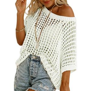 Dokotoo Womens Summer Scoop Neck Short Sleeve Sweater Casual Crochet Hollow Out Knit Tops Pullover Shirts Beach Coverup (Medium, Milk White)