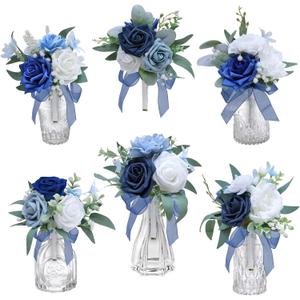 Marriwise Set of 6 Navy Blue Assorted Wedding Flower Centerpieces Pre-Made Mini Bridesmaid Bouquets Artificial Floral Rose Table Decor for Outdoor Beach Wedding Decorations Shower Home Decor