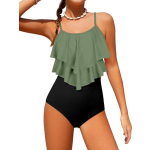 Girls Swimsuit Color Block One Piece Swimsuit 2-Tiered Ruffle Bathing Suit Adjustable Strap Girls' Swimwear 7-16Y (9-10 Years, Olive Green+ Black)
