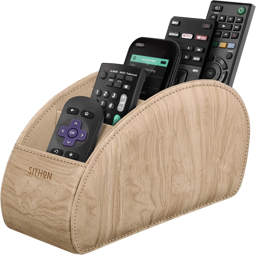 SITHON Remote Control Holder with 5 Compartments - PU Leather Remote Caddy Desktop Organizer Store TV, DVD, Blu-Ray, Media Player, Heater Controllers, Woodgrain Khaki (Small) SITHON Remote Control Holder with 5 Compartments - PU Leather Remote Caddy Desktop Organizer Store TV, DVD, Blu-Ray, Media Player, Heater Controllers, Woodgrain Khaki (Small)