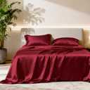Love's cabin Satin Queen Sheets Set - 4 Piece Burgundy Silky Bed Sheets with Deep Pocket, Luxury Silk Feel Satin Queen Size Sheet Set (1 Flat Sheet,1 Fitted Sheet,2 Pillow Cases)