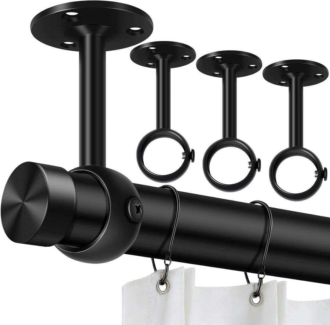 TOKPLNU Ceiling Curtain Rod Brackets, Heavy Duty Holders, Black 4 Pack Hooks Hangers for 1 1/4-Inch Drape Poles
