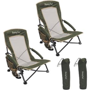 SunnyFeel Low Folding Beach Camping Chair 2 Pack, Portable Backpacking Chairs with Mesh Back,Cup Holder, Compact & Heavy Duty for Adults 300 LBS for Outdoor Picnic Fishing Concert Sand Lawn (2pcGreen), 23D x 22W x 26H Inch