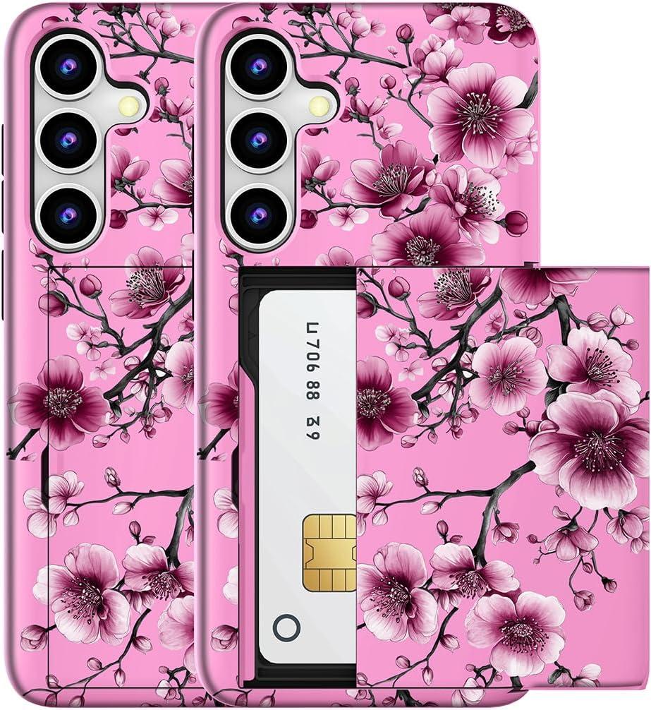 Compatible for Samsung Galaxy S24 / S25 Case with Card Holder Cute - Kawaii Design Military-Grade Drop Protection Rugged Wallet Cases for Women (Pink Cherry Flower Blossom)