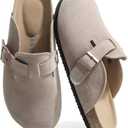 Suede Clogs for Women Leather Mules with Cork Footbed Arch Support Potato Shoes Men Womens Slip-On Clog with Adjustable Buckle Unisex Slippers Flats (M)