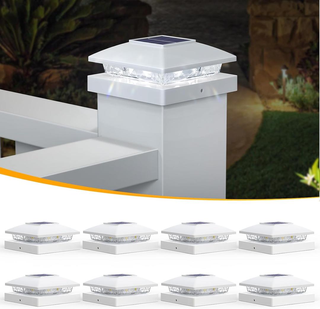 APONUO Solar Post Cap Lights for 4x4 Posts, Bright Cool White LED Post Cap Lights Solar Powered, IP64 Waterproof & All-Night Lighting, White 8 Pack Deck, Fence, Patio Light 