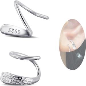 Tiny Double Hoop Earring S925 Sterling Silver Small Hammer Texture Hoop Hypoallergenic Twist Spiral Earrings for Women - Sliver & Gold