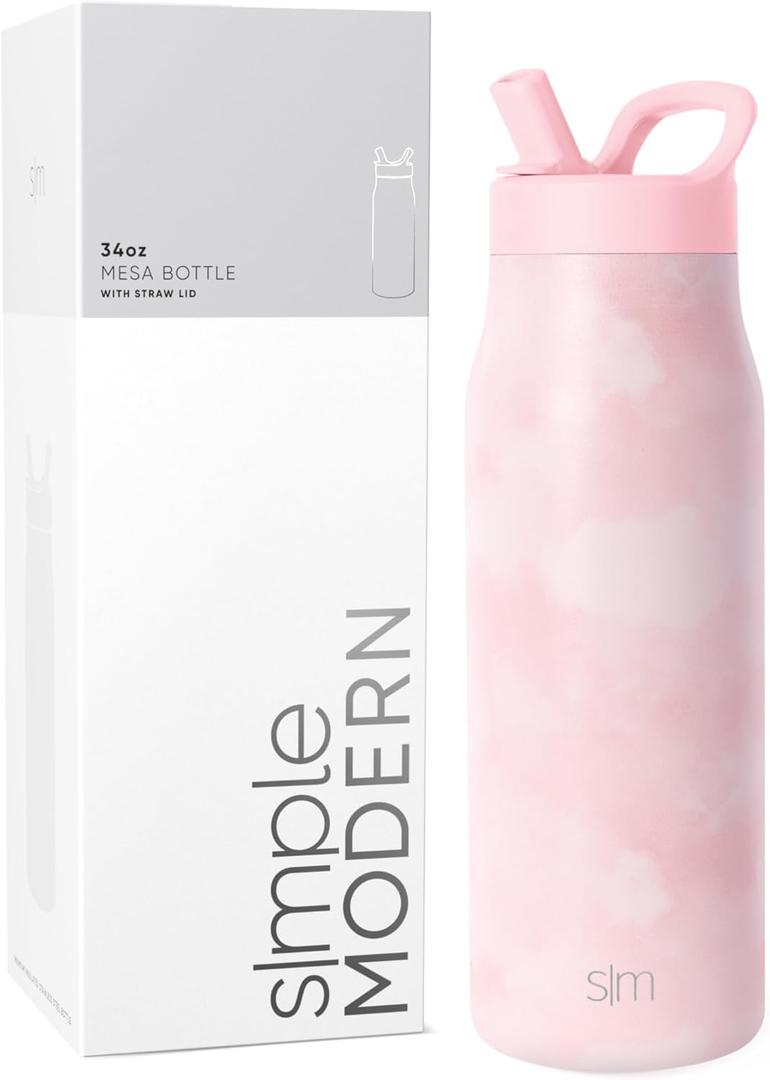Simple Modern Water Bottle with Straw lid | Insulated Stainless Steel Thermos | Reusable Travel Water Bottles for Gym & Sports | Leak Proof & BPA Free | Mesa Collection | 34oz, Blush Tie Dye