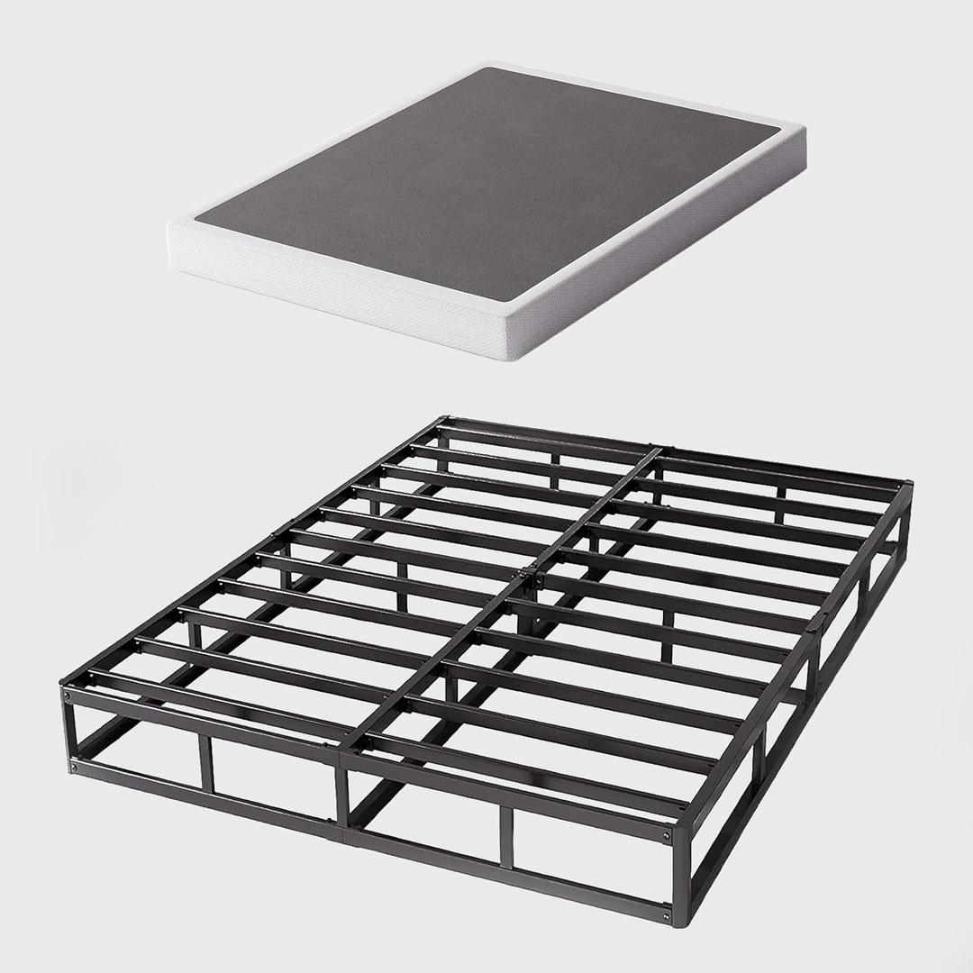 Full Size Box Spring and Cover Set, 9 Inch High Profile Metal BoxSpring, Heavy Duty Structure Mattress Foundation, Noise Free, Non-Slip, Easy Assembly
