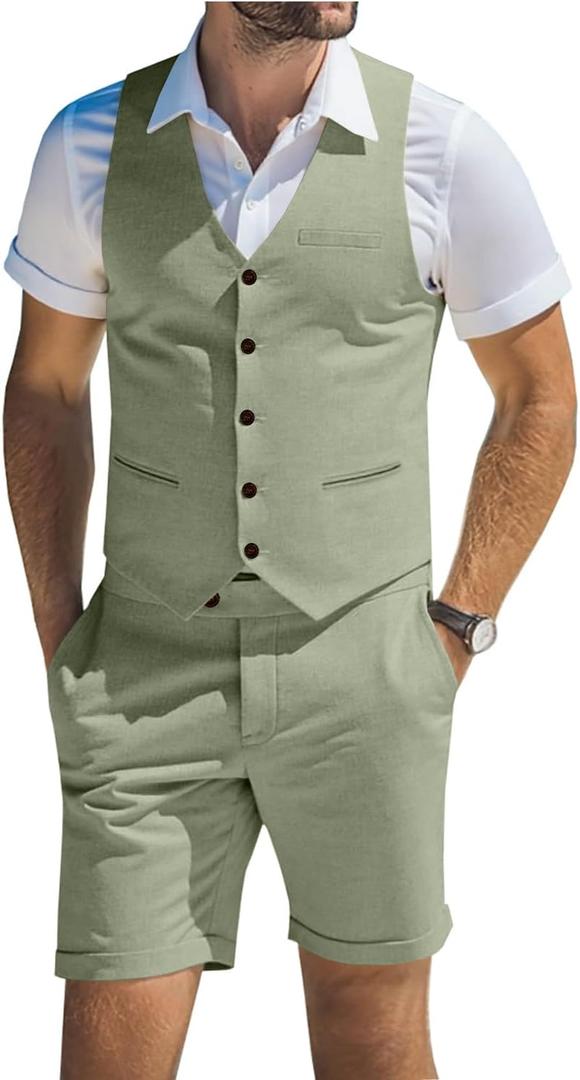 Men's Suit Linen 2 Piece Vests Short Pants Suits for Men Casual Summer Beach Groomsmen Wedding Waistcoat Set Outfit (X-Large, Light Green)