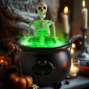 Halloween Decorations Indoor - Cauldron Halloween Decor with Black Plastic Witches Cauldron and LED Mist Maker Skeleton - Spooky Vintage Hocus Pocus Party Halloween Decoration for Home Table Kitchen