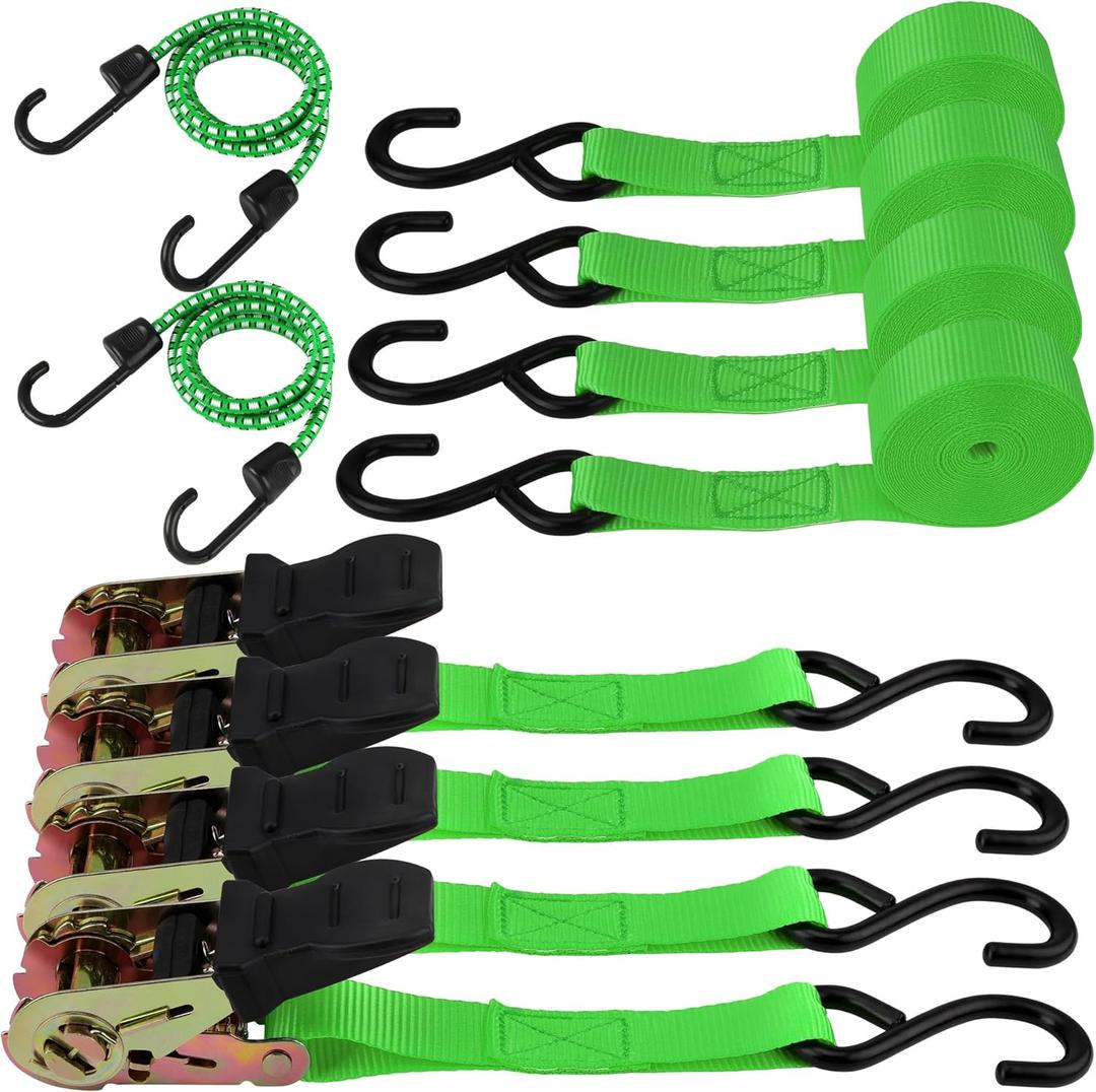 HORUSDY Ratchet Straps, 2,200 LB Break Strength, 4-Pack 15FT Ratchet Tie Down Straps Set for Motorcycle Straps Tie Downs, Appliances, Lawn Equipment, Cargo Straps for Trucks. (Green)