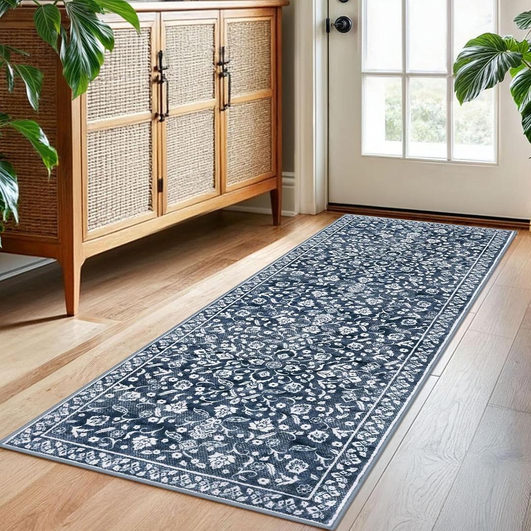 Vintage Washable 2x5 Rug Runner, Navy Runners for hallways, Super Soft Kitchen Runner Rug Non Slip, Print Faux Wool Floral Thin Carpet Runner for Entryway Indoor Bedroom (Navy and White)