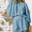 Tankaneo Womens Short Sets 2 Piece Outfits 3/4 Sleeve Tops and Elastic Waist Shorts Lounge Set Casual Loungewear (Blue, S)