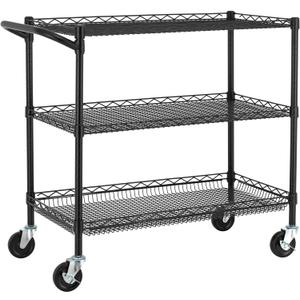 Finnhomy 3 Tier Heavy Duty Commercial Grade Utility Cart, Wire Rolling Cart with Handle Bar, Steel Service Cart with Wheels, Kitchen Carts on Wheels, Metal Cart Shelf Size 18" D x 36" W, NSF, Black