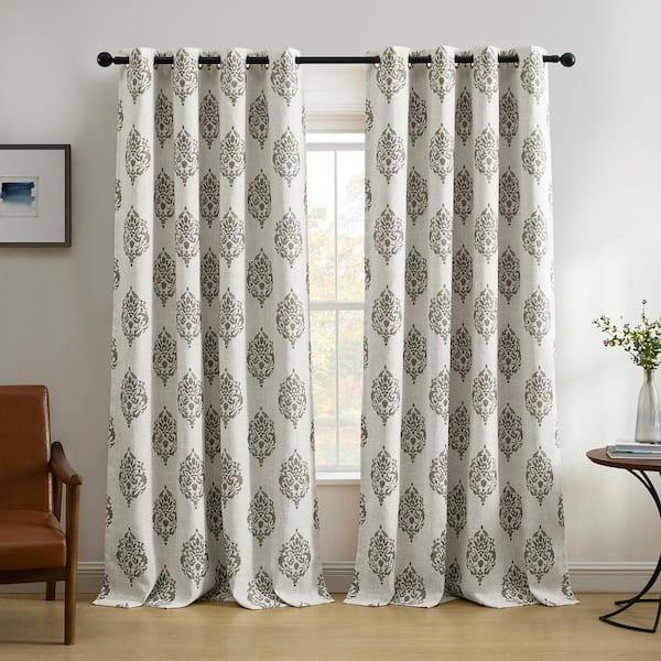 OWENIE Total Blackout Curtains for Bedroom 84 Inches Long 2 Panels, Medallion Printing Thermal Insulated Linen Double Layer Curtains for Living Room, Elegant Back Tab Drapes, Each 52Wx84L, Grey