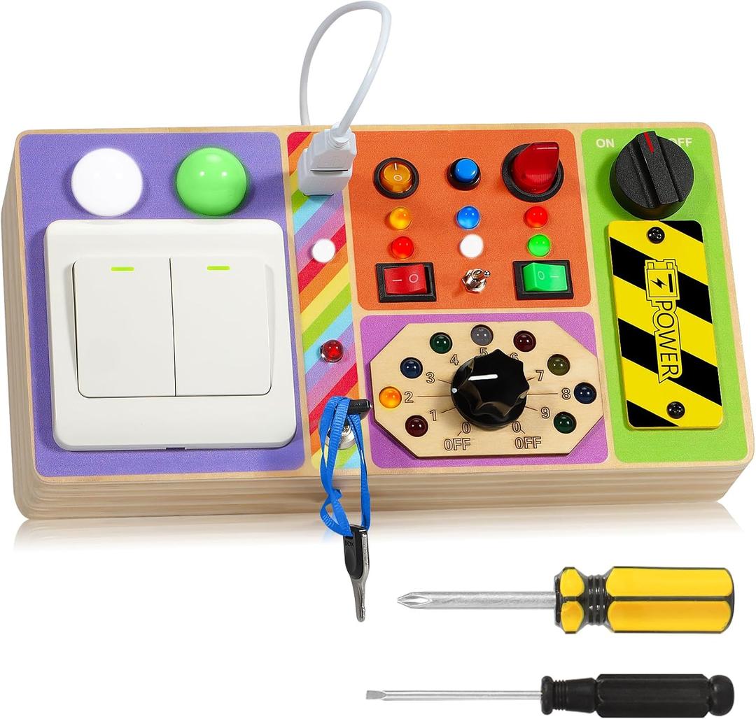 Chillife Busy Board Montessori Toys Wooden Sensory Board with 19 LED Light, Switch, Button Travel Activity Educational Learning Toddler Toys for 1-3 Year Old Boy and Girl