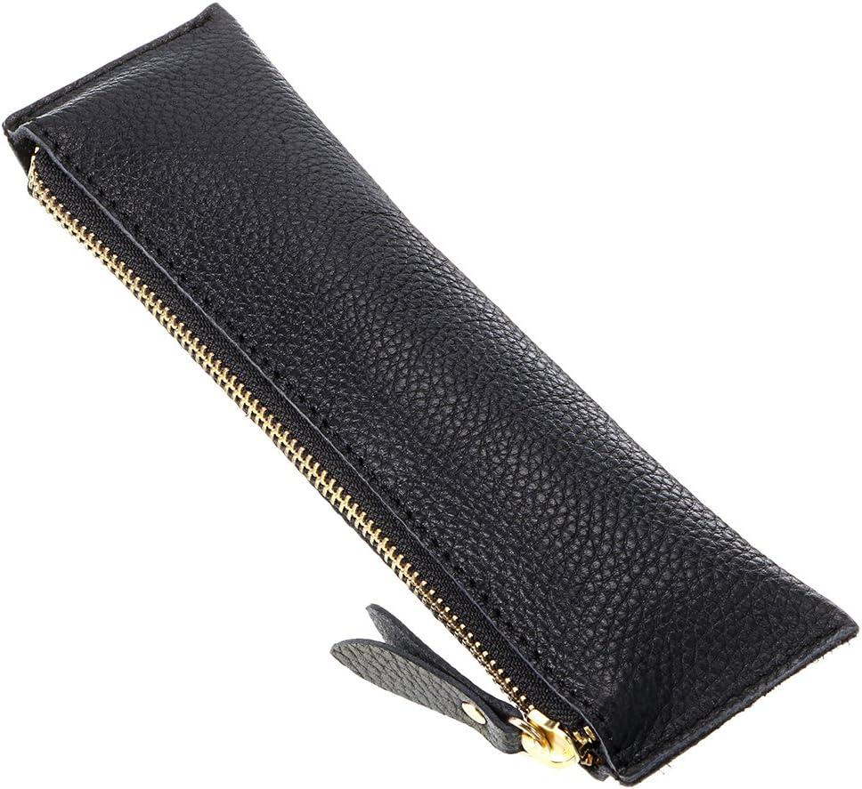 BTSKY Genuine Leather Pencil Case - Zippered Pen Case Stationery Bag Zipper Pouch Pencil Holder (New Black)