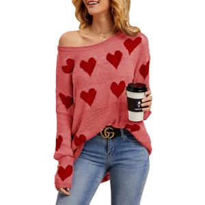 Chang Yun Women Off Shoulder Knitted Pullovers Sweater Loose Long Sleeve Hearts Printed Ripped Tops (X-Large, Strawberry) Chang Yun Women Off Shoulder Knitted Pullovers Sweater Loose Long Sleeve Hearts Printed Ripped Tops (X-Large, Strawberry)