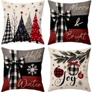 BBOLDIN Christmas Throw Pillow Covers 18x18, Christmas Pine Tree Snowflake Red Black and Grey Pillow Cases Set of 4, Winter Holiday Cushion Covers Decorations for Indoor Sofa Living Room Farmhouse