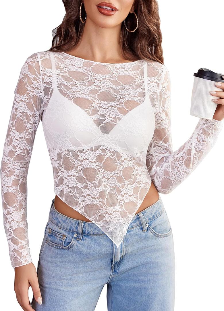 Avidlove Womens Mesh Tops Lace Long Sleeve Shirts Crewneck Slim Fitted Outfits See Through Blouses White XX-Large