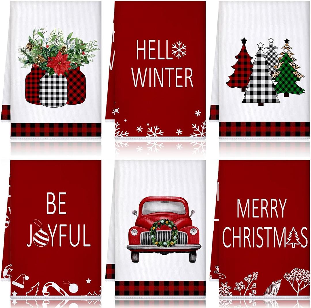 Bencailor 6 Pcs Christmas Kitchen Towels Buffalo Plaid Christmas Hand Towels Xmas Tree Red Truck Dish Cloths 24x16 Inch Absorbent Winter Decorative Tea Dishcloths for Home Kitchen Bathroom Xmas Gifts
