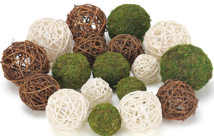USMOLA 18Pcs Decorative Balls for Centerpiece Bowl  6Pcs Fake Moss Balls + 12Pcs Rattan Wicker Balls, Artificial Moss Decorative Balls Vase Fillers for Home Garden Wedding Party Decor (Rustic)