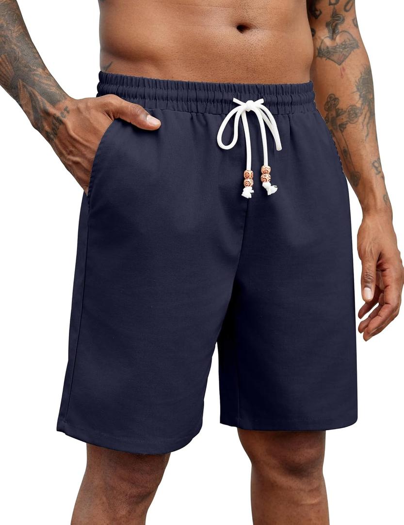 COOFANDY Mens Linen Shorts Casual Drawstring Elastic Waist Lightweight Summer Vacation Beach Shorts (Large, Navy Blue)