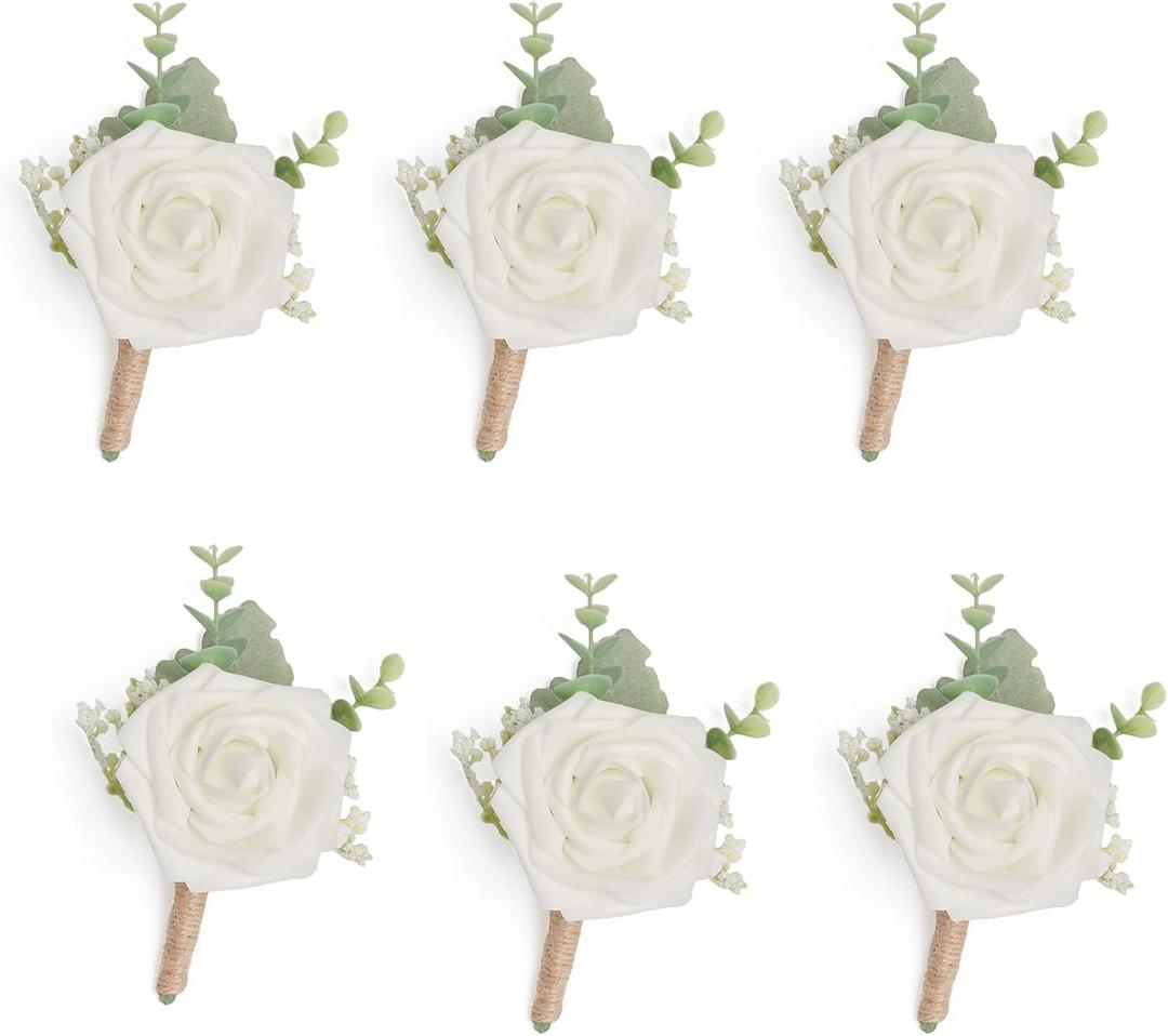 Ivory Rose Boutonniere with Eucalyptus for Men, Set of 6, Wedding flower Boutonnieres with Pins for Groom and Best Man Wedding Ceremony Anniversary, Homecoming Prom Party (Timeless Ivory)