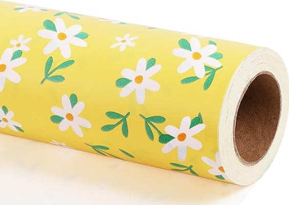 LaRibbons Reversible Yellow Floral Wrapping Paper Roll, 17 Inch x 33 Feet (46.7 Sq. Ft), Blue White Peony Design Chinoiserie Gift Wrap for Wedding, Bridal Shower & Birthday