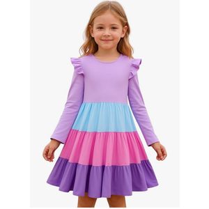 Girl Long Sleeve Dress Ruffle Rainbow Color Block Cotton Casual Tiered Pleated Twirly Dress 2T