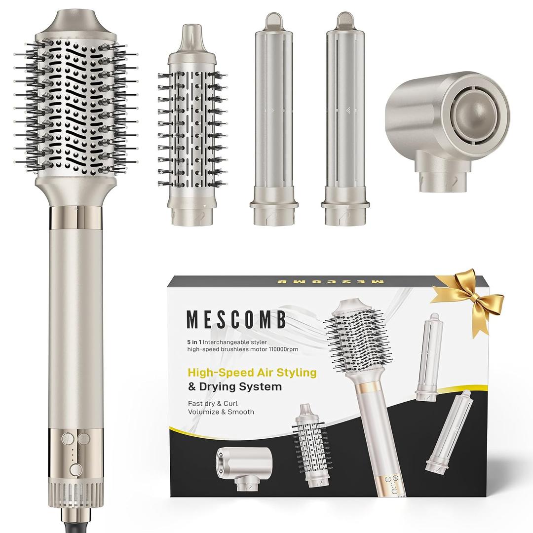 MESCOMB 5-in-1 Hot Air Styler Kit 110,000 RPM Fast-Drying Dryer, Auto-Wrap Curlers, Straightening & Volumizing Brushes All-in-One (Champagne White)