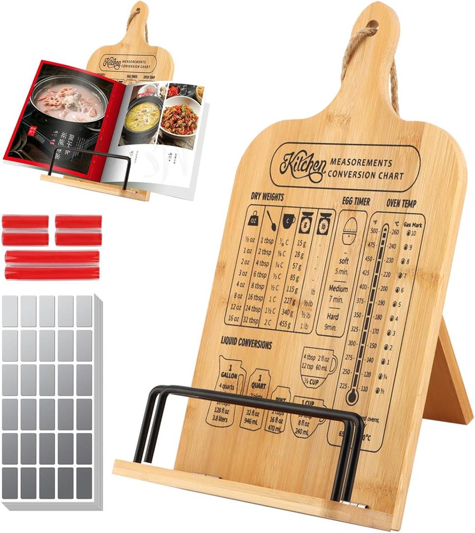Cookbook Stand for Kitchen Counter, Wood Cookbook Stand with Measurement Conversion Chart, Foldable Adjustable Recipe Book Stand, Essential Accessories for Holding Cookbooks