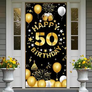 Vicycaty Happy 50th Birthday Decorations for Men Women, 50th Birthday Banner Backdrop, Fabric 50 Years Old Party Yard Sign Photo Props Door Decor Supplies, 50 Black Gold Theme for Indoor Outdoor