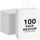 100Pcs 40 LB White Paper Gift Bags Bulk with Handles 10 x 5 x 13 Inch - Medium Size Kraft Goodie Bag, Blank Paper Bags for Shopping Retail, Birthdays, To Go, Small Business, Weddings, Parties, Lunch