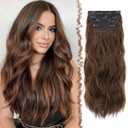 FESHFEN Clip in Hair Extensions for Women - 4 Pcs Thick Double Weft Long Wavy Soft Synthetic Blends Well Hair Extension, 24 inch Black Brown & Auburn