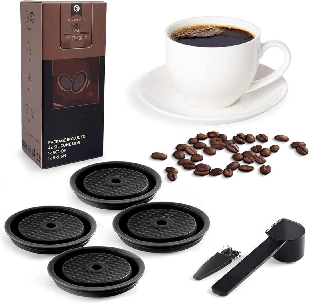 Reusable Coffee Capsule Lids for Original Nespresso Pods Vertuoline, Food Grade Silicone Caps for Any Sizes of Reusable Nespresso Refillable Capsule with Scoop and Brush (Black)