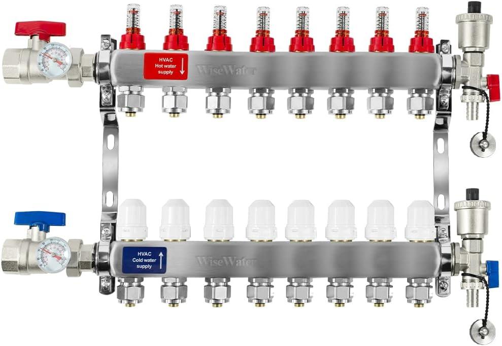 AB 8 Loops Pex/Radiant Manifold,  Inch Compatible Outlets, Up to 1.4 GPM Flow Valve for Hydronic Radiant Floor Heating(1/2" Connectors Included)