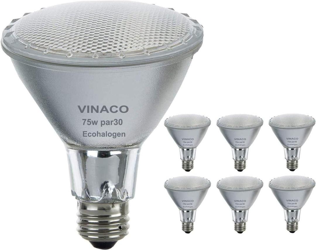Vinaco Halogen PAR30 Long Neck 75W 120V 1000LM, 6 Pack High Output Halogen PAR30 Dimmable 3000K Warm White with E26 Base, Long Lifespan Long Neck Flood Light Bulb with CRI100 for Tracking Lighting