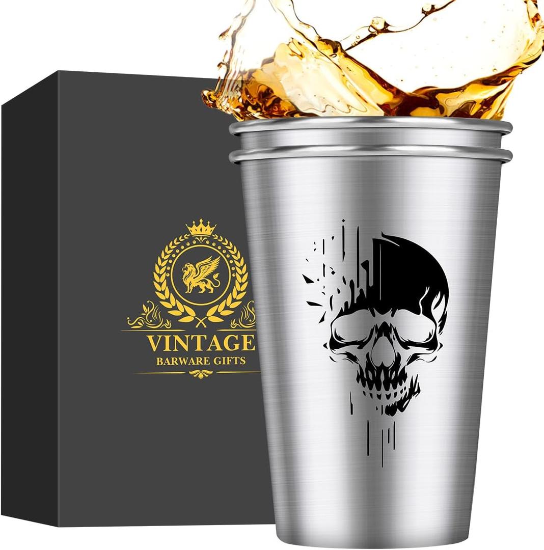 Skull Stainless Steel Beer Cups, Skull Gifts for Goth Fan, Stackable Camping Mugs for Outdoor Indoor Activity, Father's Day Halloween Christmas Gifts for Men Women, 500ML(2 Pack)
