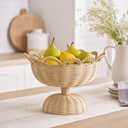 Mud Pie Rattan Pedestal Bowl with Scalloped Rim, Natural Wicker Basket Natural Woven Rattan Footed Bowl with Looped Scallop Edge for Fruit, Bread and Centerpiece Displays, 14.5"D x 14.5"W x 10.25"H
